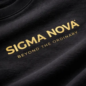 black oversized t shirt for men sigma nova gold logo french terry 240 gsm fabric texture close up