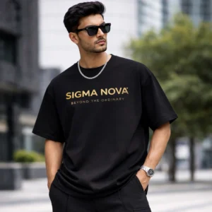 black oversized t-shirt for men sigma nova gold logo model 240 gsm