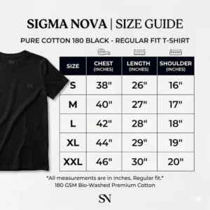 Sigma Nova Pure Cotton 180 Black T-Shirt Size Guide and Measurements Table