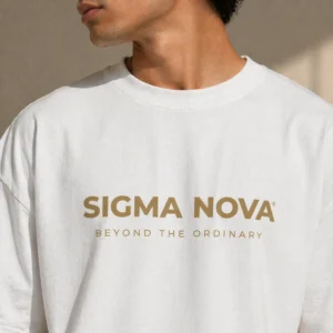 white oversized t-shirt for men sigma nova gold logo close up 240 gsm french terry fabric