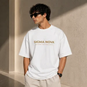 white oversized t-shirt for men sigma nova gold logo model 240 gsm french terry