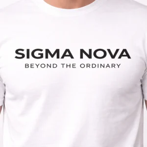white cotton t-shirt for men 180 gsm sigma nova logo close up detail chest print