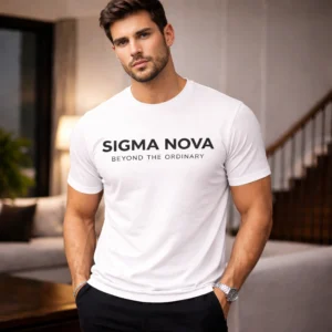 white cotton t-shirt for men 180 gsm sigma nova center logo worn by model indoor lifestyle