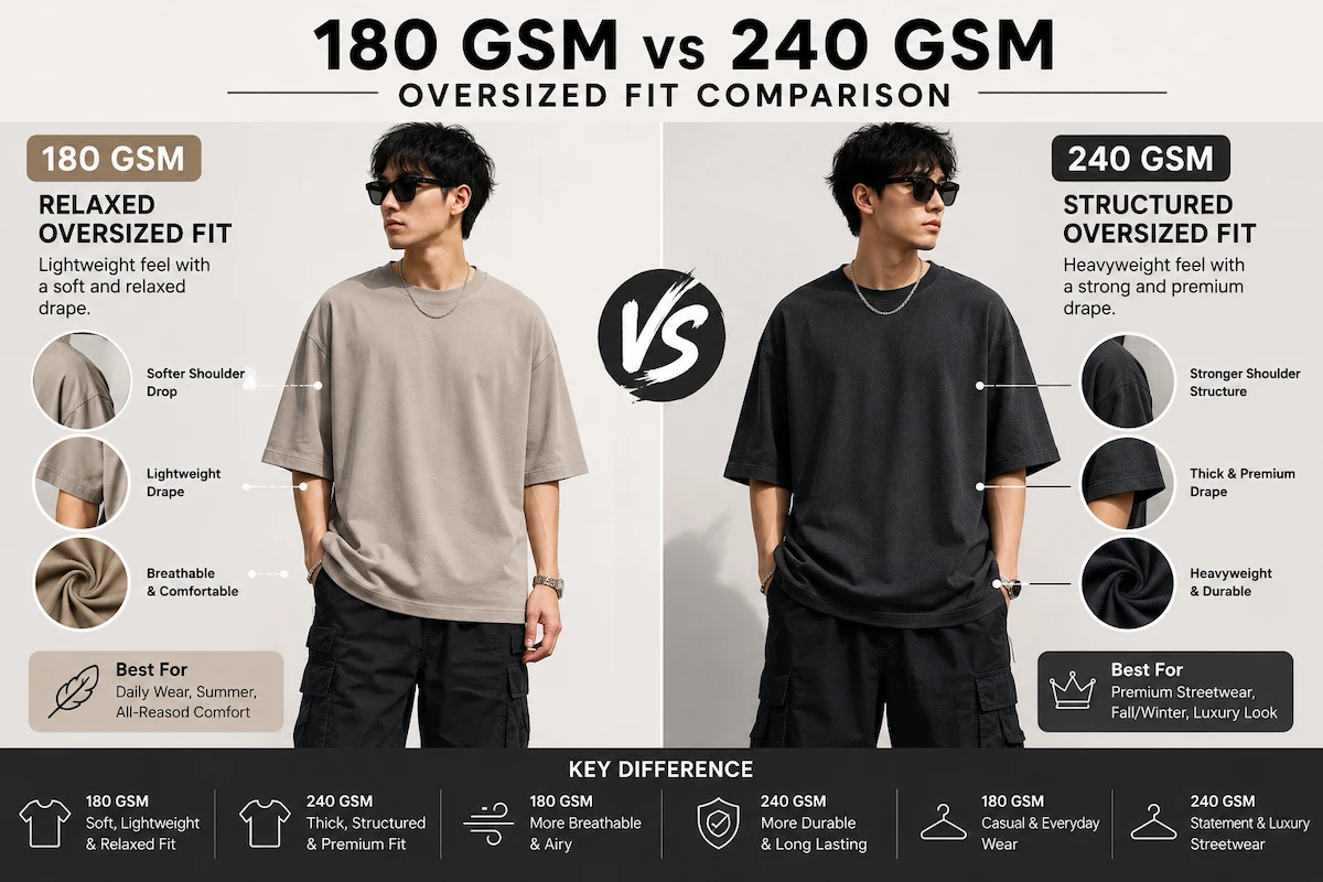 180 GSM vs 240 GSM T Shirts: Which Fabric Is Better for Oversized Streetwear? 180 GSM vs 240 GSM oversized fit comparison for premium streetwear fashion