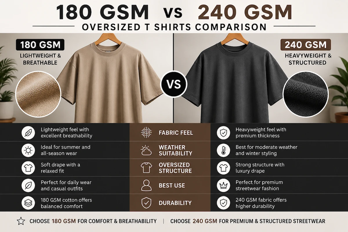 180 GSM vs 240 GSM T Shirts: Which Fabric Is Better for Oversized Streetwear? 180 GSM vs 240 GSM oversized t shirts fabric comparison chart for premium streetwear fashion