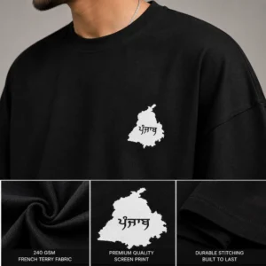 240 GSM French Terry black oversized t shirt fabric and Punjab print detail