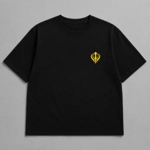 Yellow Khanda Black Oversized T Shirt in premium 240 GSM French Terry fabric with Sikh streetwear design