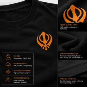 240 GSM black oversized Khanda t shirt fabric and print close up