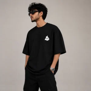 model wearing black oversized t shirt with white Punjab map design