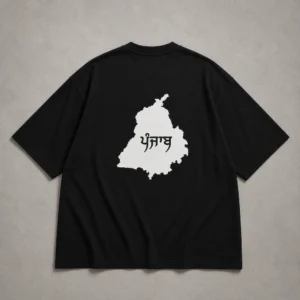 black oversized t shirt with white Punjab map back print in 240 GSM French Terry
