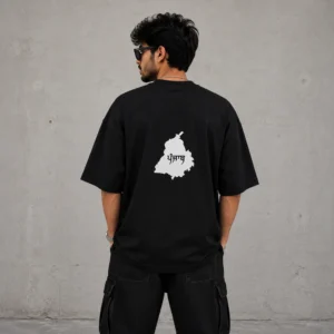 model wearing black oversized t shirt with white Punjab map back print