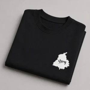 folded black oversized t shirt with white Punjab map design