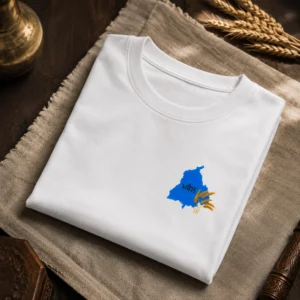 Folded white oversized t shirt with Punjab wheat left chest logo on luxury Punjabi themed background