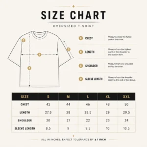 Modern oversized t shirt size chart with chest length shoulder and sleeve measurements