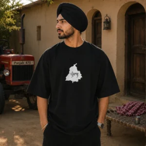 Punjabi model wearing black oversized t shirt with white Punjab map front print