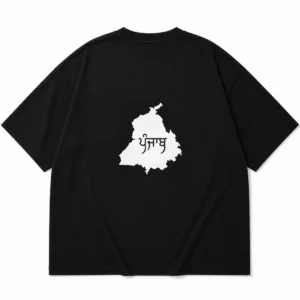 Punjab Map Black Oversized T Shirt with white Punjabi graphic print in 240 GSM French Terry fabric