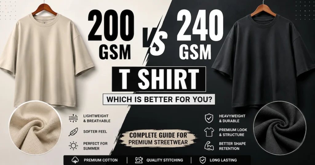 200 GSM vs 240 GSM T Shirt: Which Fabric Is Better for Premium Streetwear? 200 GSM vs 240 GSM T Shirt comparison for premium oversized streetwear fashion