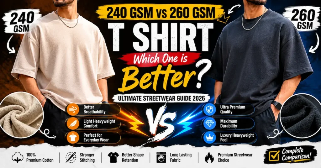 240 GSM vs 260 GSM T Shirt: Which Heavyweight Fabric Is Better for Premium Streetwear? 240 GSM vs 260 GSM T Shirt comparison for premium oversized streetwear and heavyweight fashion