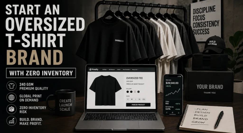 How to Start an Oversized T-Shirt Brand in 2026 (Zero Inventory) Entrepreneur building an oversized t-shirt brand with zero inventory using print on demand and 240 GSM streetwear fashion