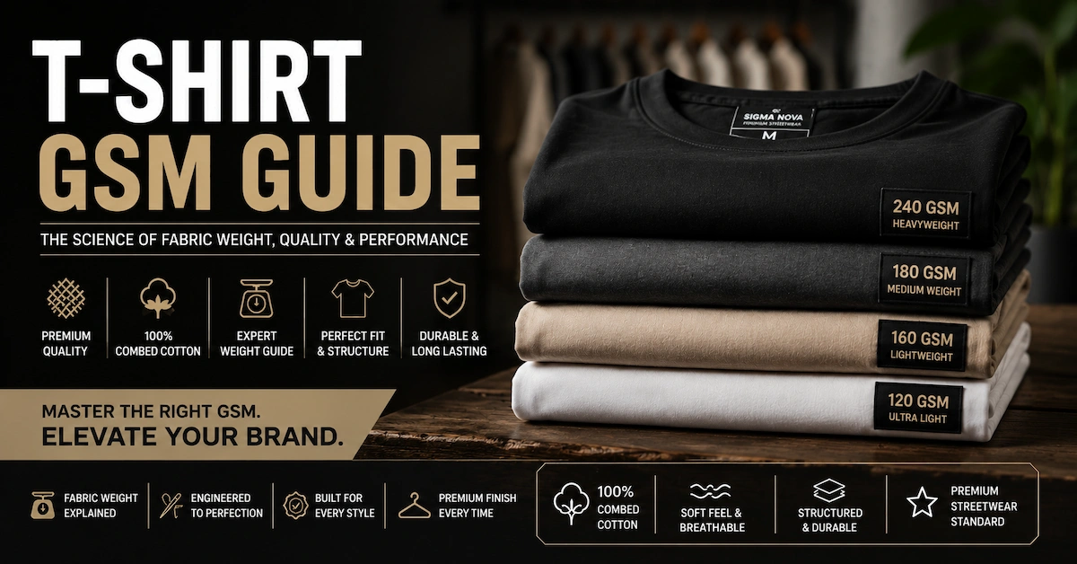 Premium T Shirts in India T-Shirt GSM Guide showing fabric weight comparison for heavyweight cotton, oversized streetwear, and premium fashion apparel