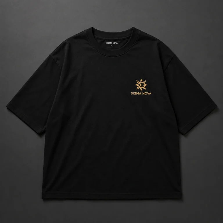 Black oversized streetwear t shirt flat lay with Sigma Nova chest logo on premium heavyweight fabric